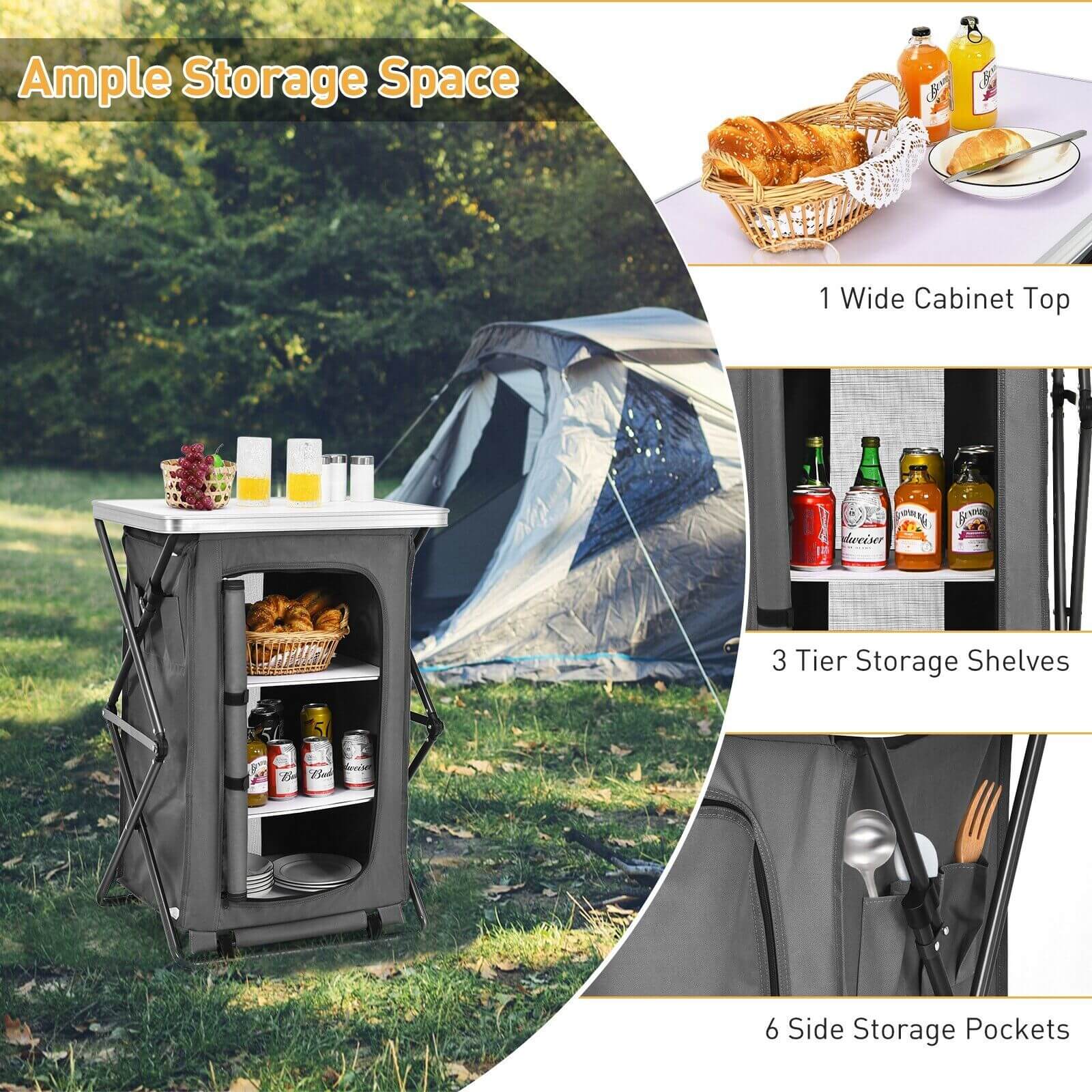 3-Tier Folding Camping Storage Cabinet with Side Pockets and Carry Bag-M