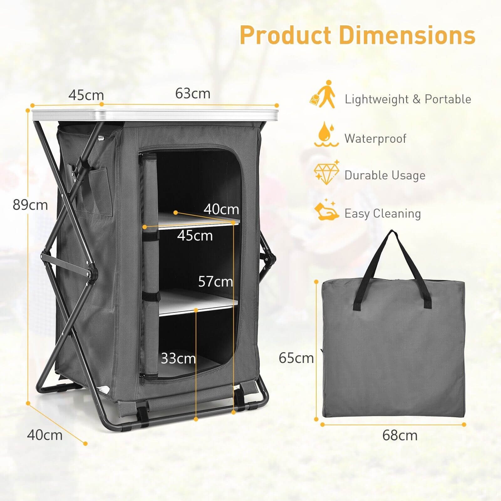 3-Tier Folding Camping Storage Cabinet with Side Pockets and Carry Bag-M