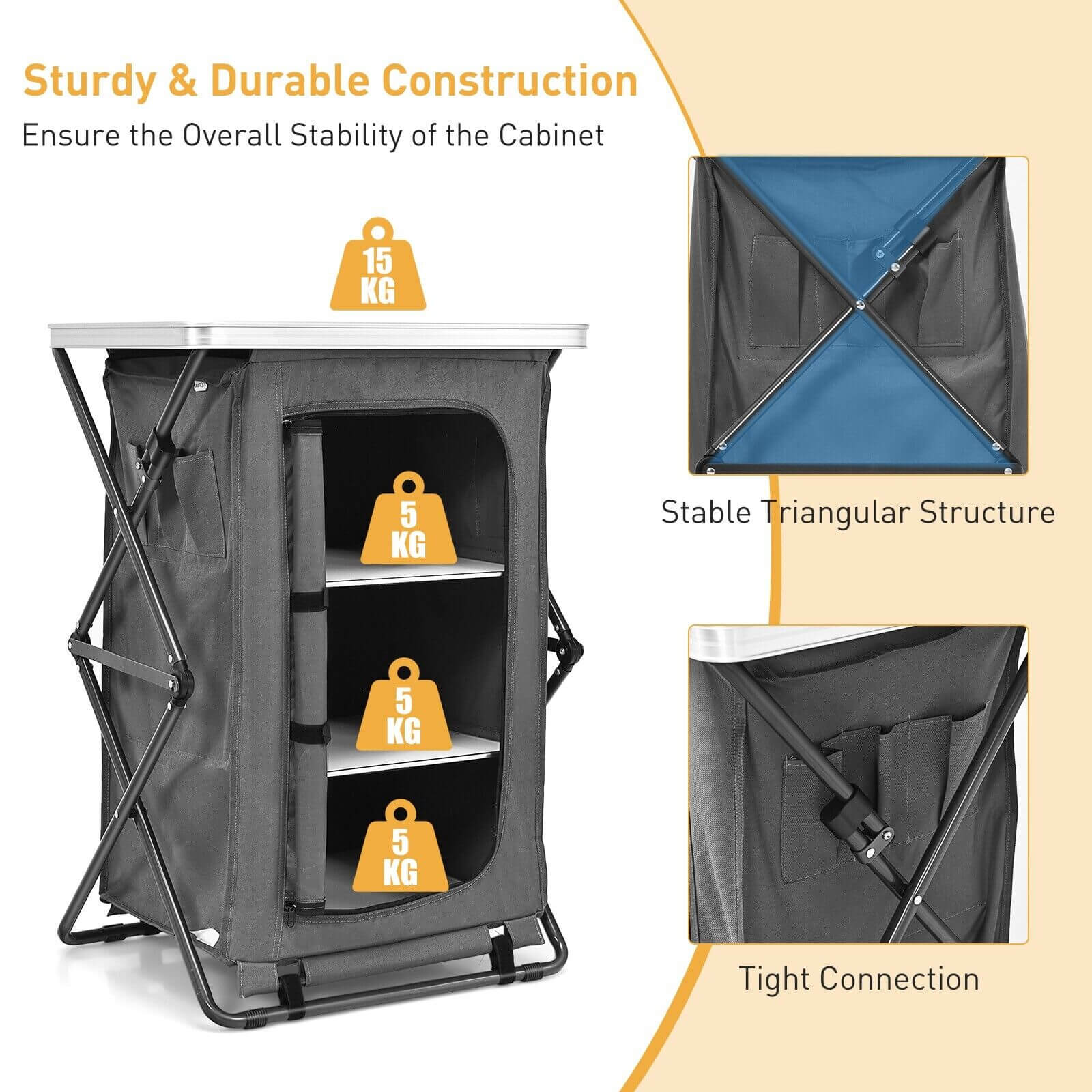 3-Tier Folding Camping Storage Cabinet with Side Pockets and Carry Bag-M