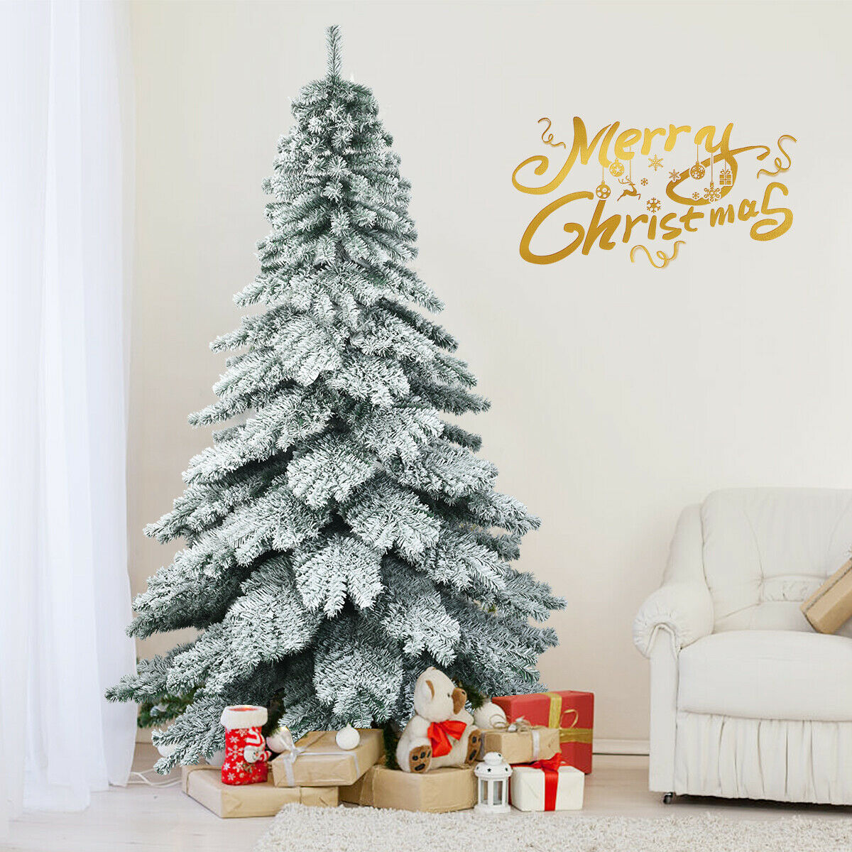 7.5FT Snow Flocked Artificial Christmas Tree Hinged Alaskan Pine Decoration