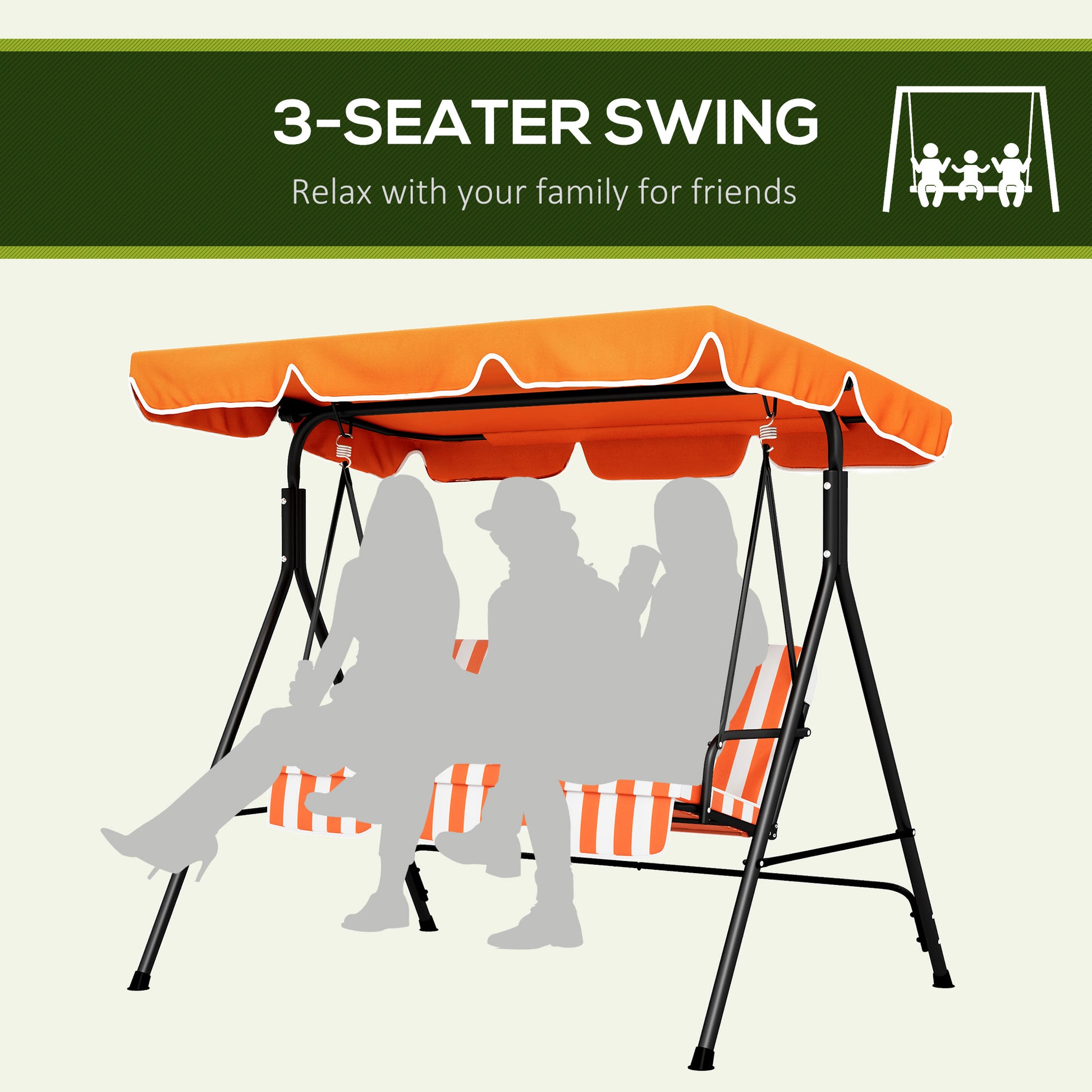 Outsunny 3 Seater Garden Swing Chair, Outdoor Swing Chair with Adjustable Canopy, Mental Frame & Cushions, Orange