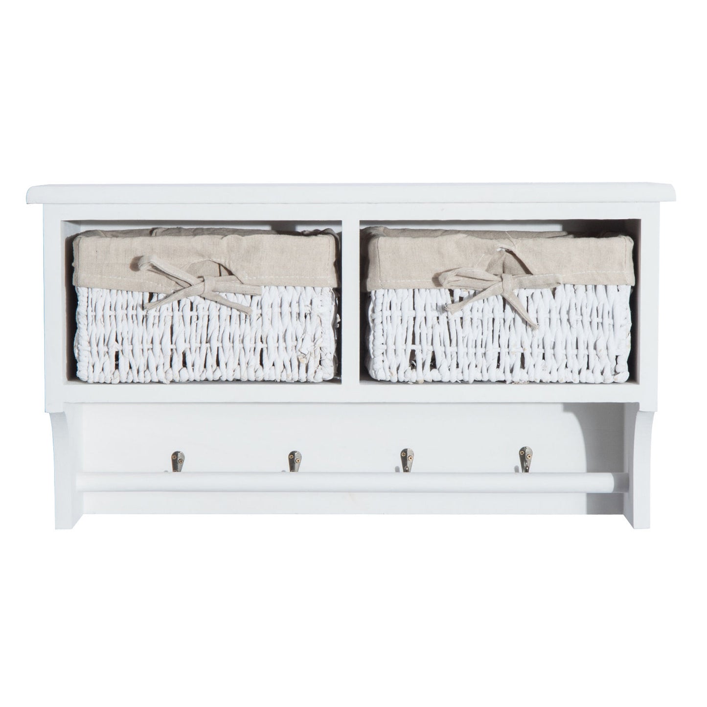 HOMCOM Entryway Coat Rack Wall Mounted Shelf w/Wicker Basket and Hooks (2 Baskets, White)
