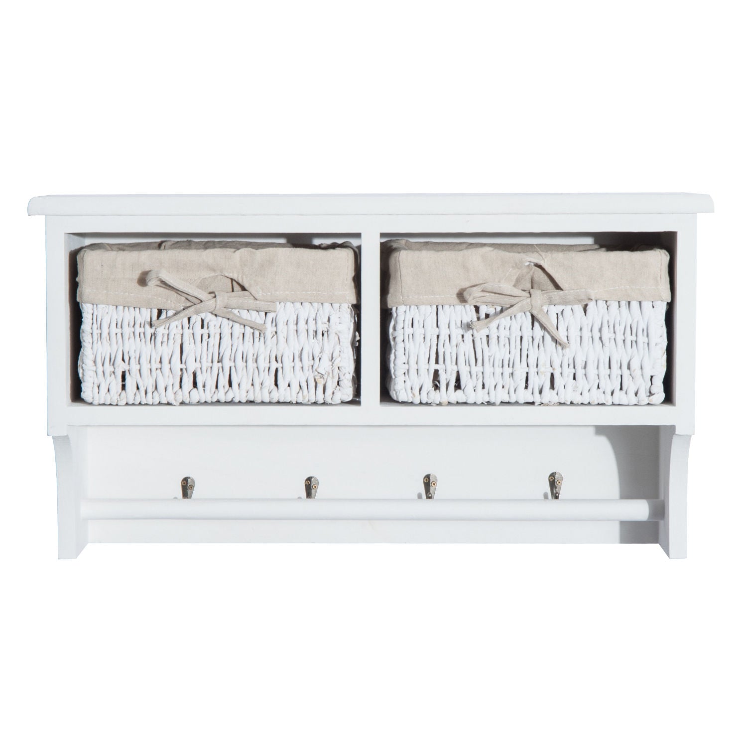 HOMCOM Entryway Coat Rack Wall Mounted Shelf w/Wicker Basket and Hooks (2 Baskets, White)