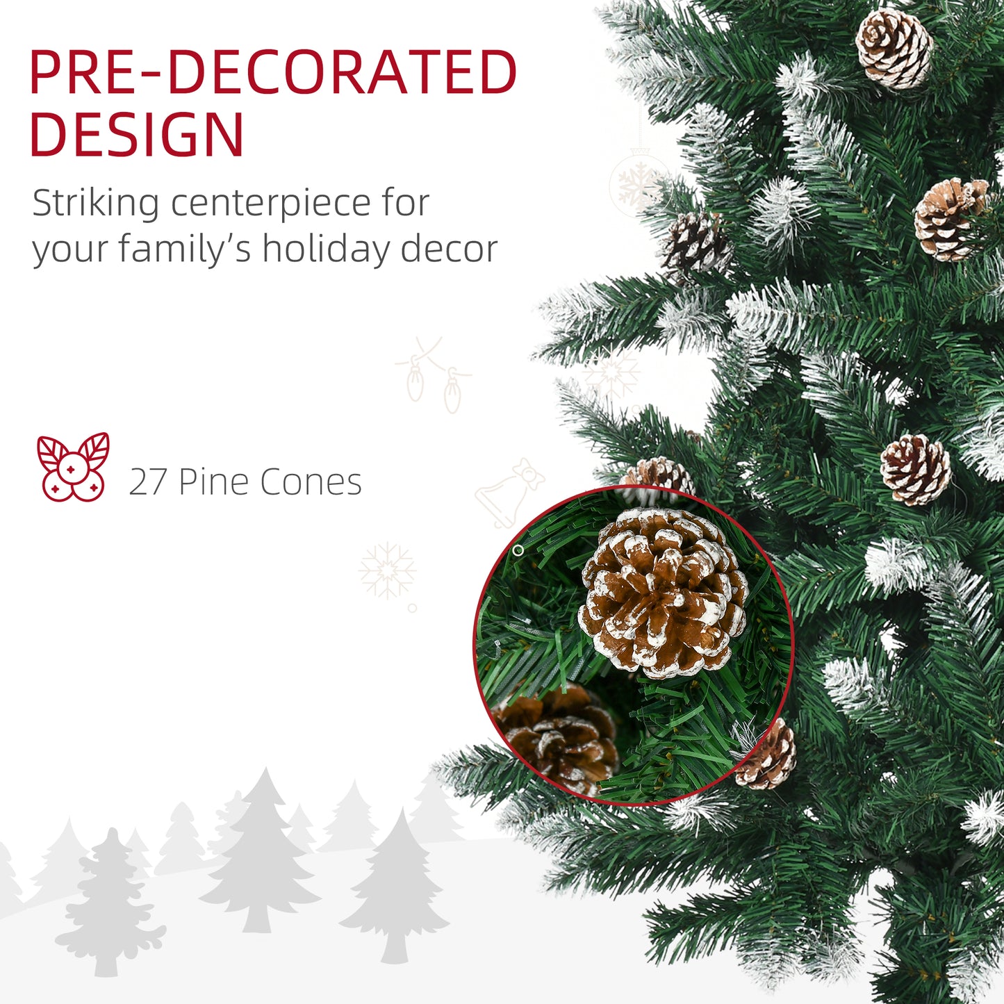 HOMCOM 5 Foot Snow Artificial Christmas Tree with Realistic Branches, Pine Cone, for Indoor Decoration, Green White