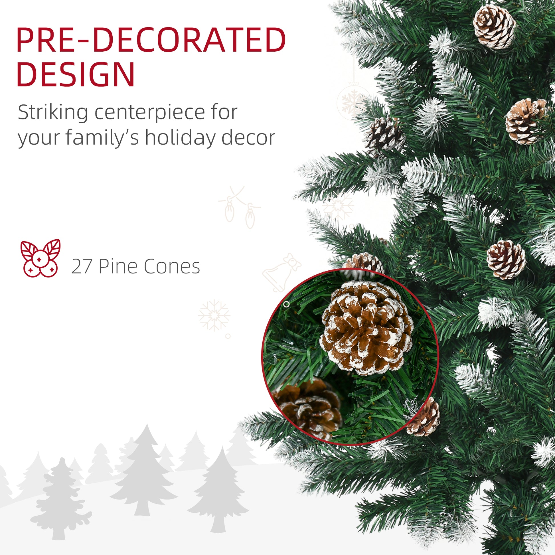 HOMCOM 5 Foot Snow Artificial Christmas Tree with Realistic Branches, Pine Cone, for Indoor Decoration, Green White