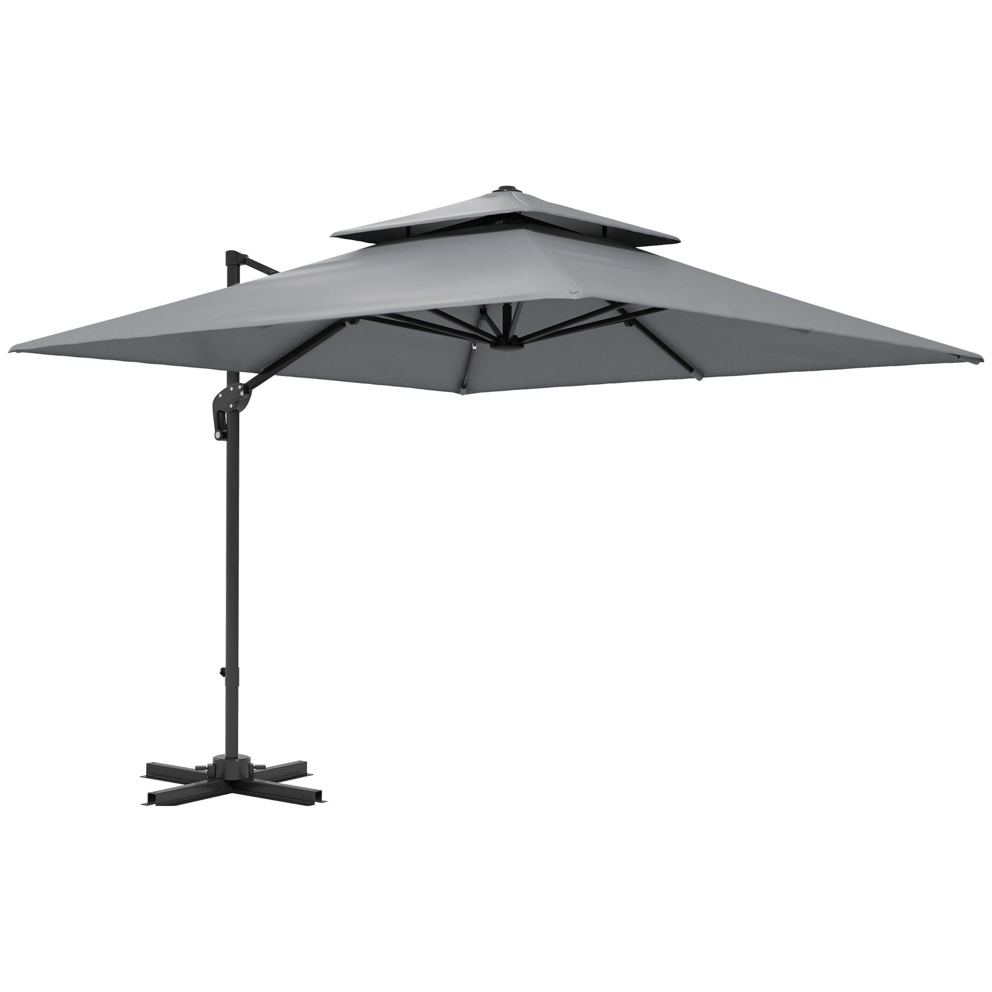 Outsunny 3 x 3(m) Cantilever Parasol with Aluminium Frame, Crank and Tilt, 360-Degree Rotation, Double Top Garden Umbrella with Base and Cover, Light Grey
