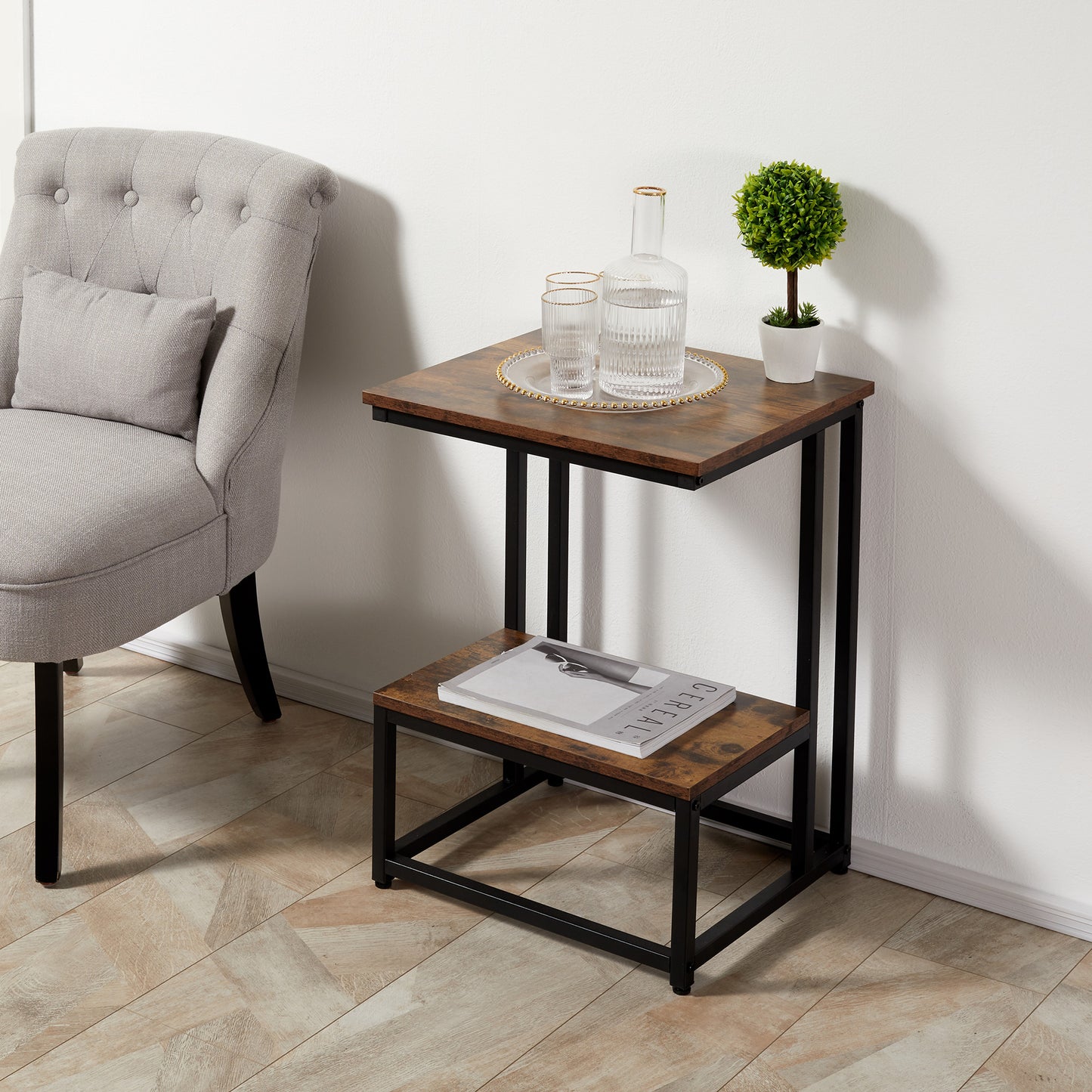 HOMCOM Side Table, Doule Layer End Table, Modern Coffee Table with Steel Frame and Adjustable Non-Slip Feet for Living room, Bedroom, Rustic Brown