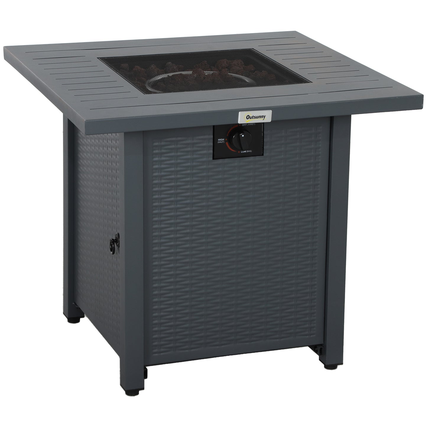 Outsunny Rattan-style Propane Gas Fire Pit Table with 40,000 BTU Burner, Square Smokeless Firepit Patio Heater with Thermocouple, Lava Rocks, Waterproof Cover, Spark Guard and Lid, Grey