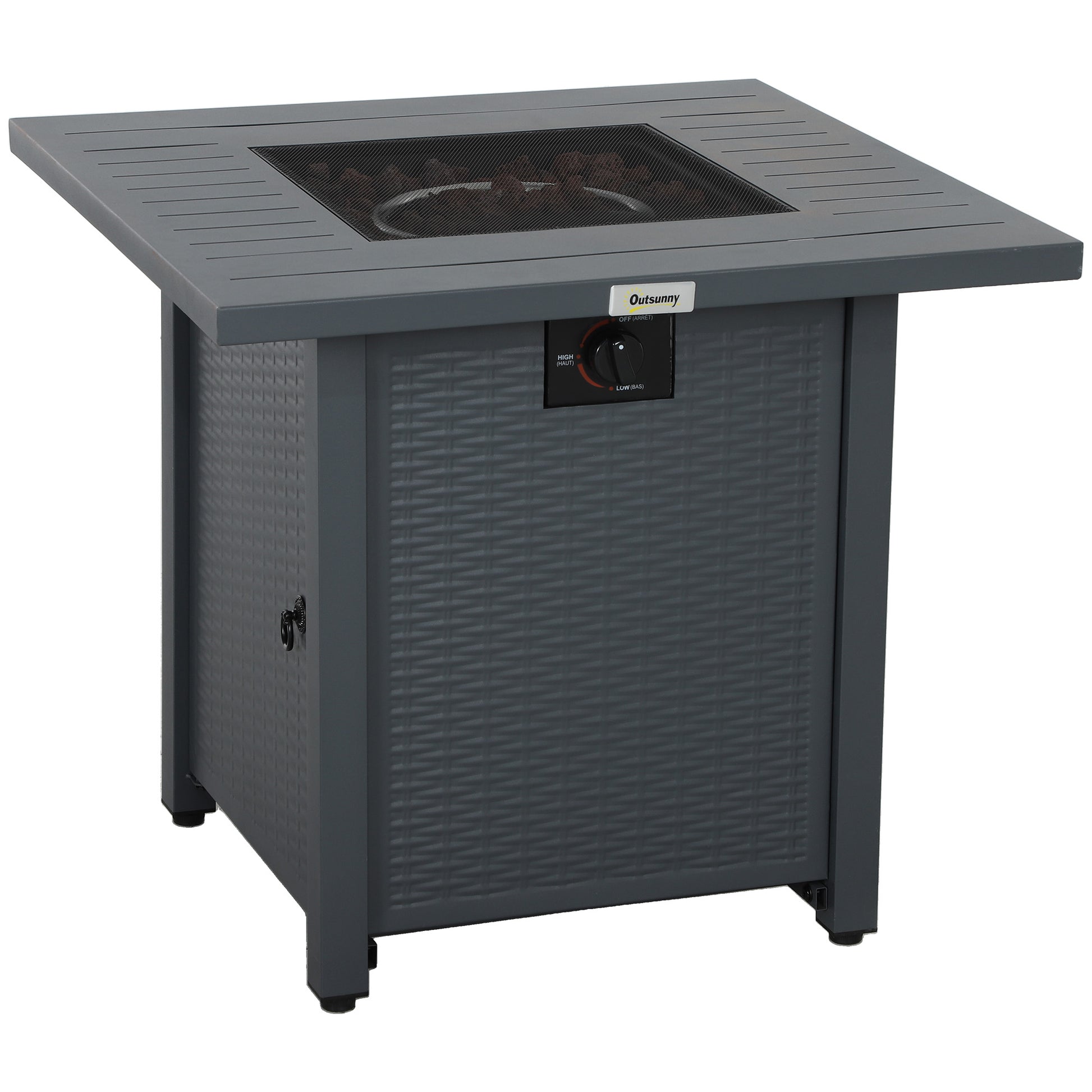 Outsunny Rattan-style Propane Gas Fire Pit Table with 40,000 BTU Burner, Square Smokeless Firepit Patio Heater with Thermocouple, Lava Rocks, Waterproof Cover, Spark Guard and Lid, Grey