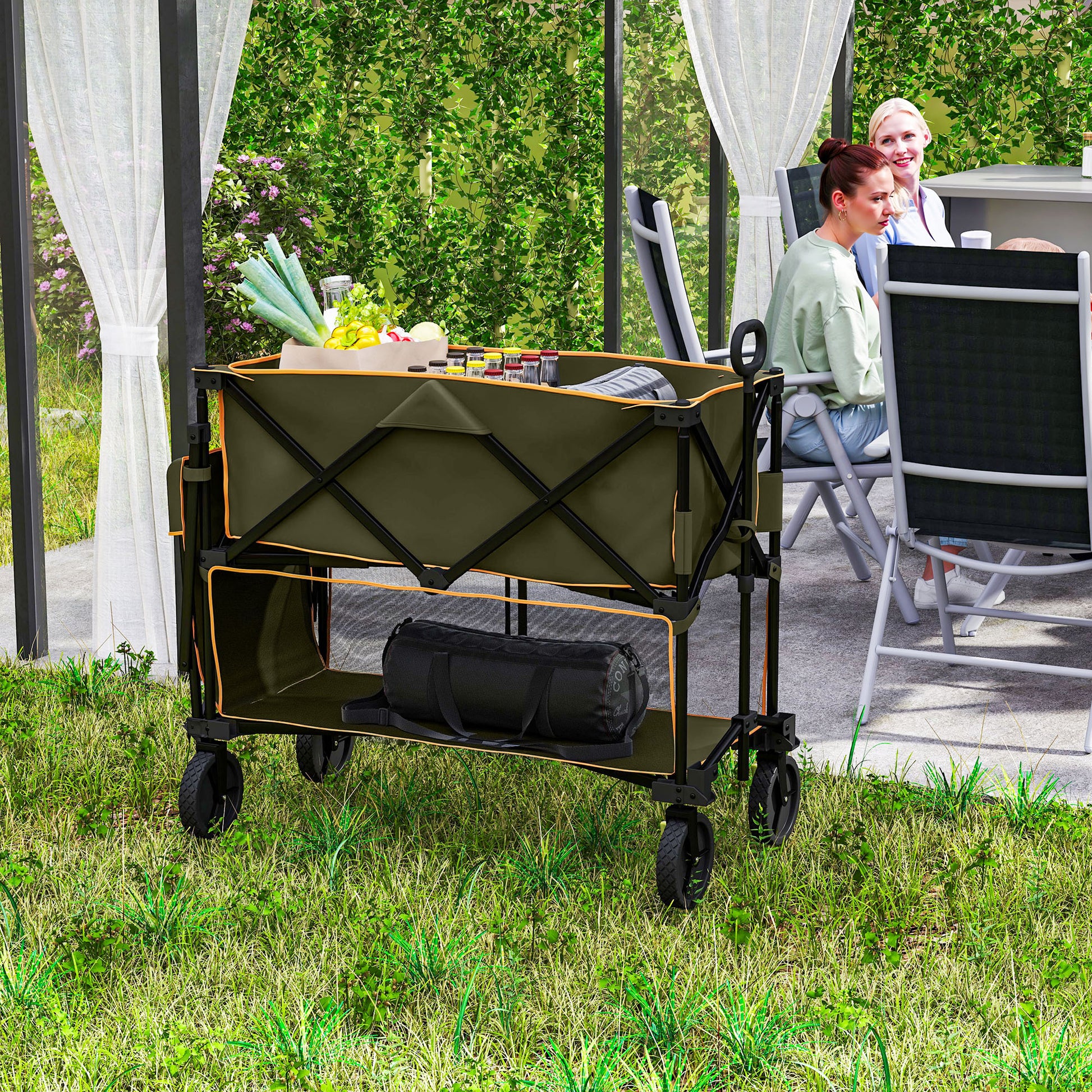 Outsunny Double Decker Folding Trolley on Wheels, 200KG & 350L Capacity Collapsible Wagon Festival Trolley Cart with 134cm Extended for Camping Sports Shopping Garden and Beach, Grey
