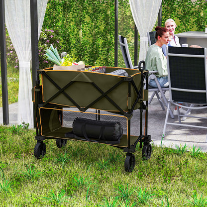 Outsunny Double Decker Folding Trolley on Wheels, 200KG & 350L Capacity Collapsible Wagon Festival Trolley Cart with 134cm Extended for Camping Sports Shopping Garden and Beach, Grey