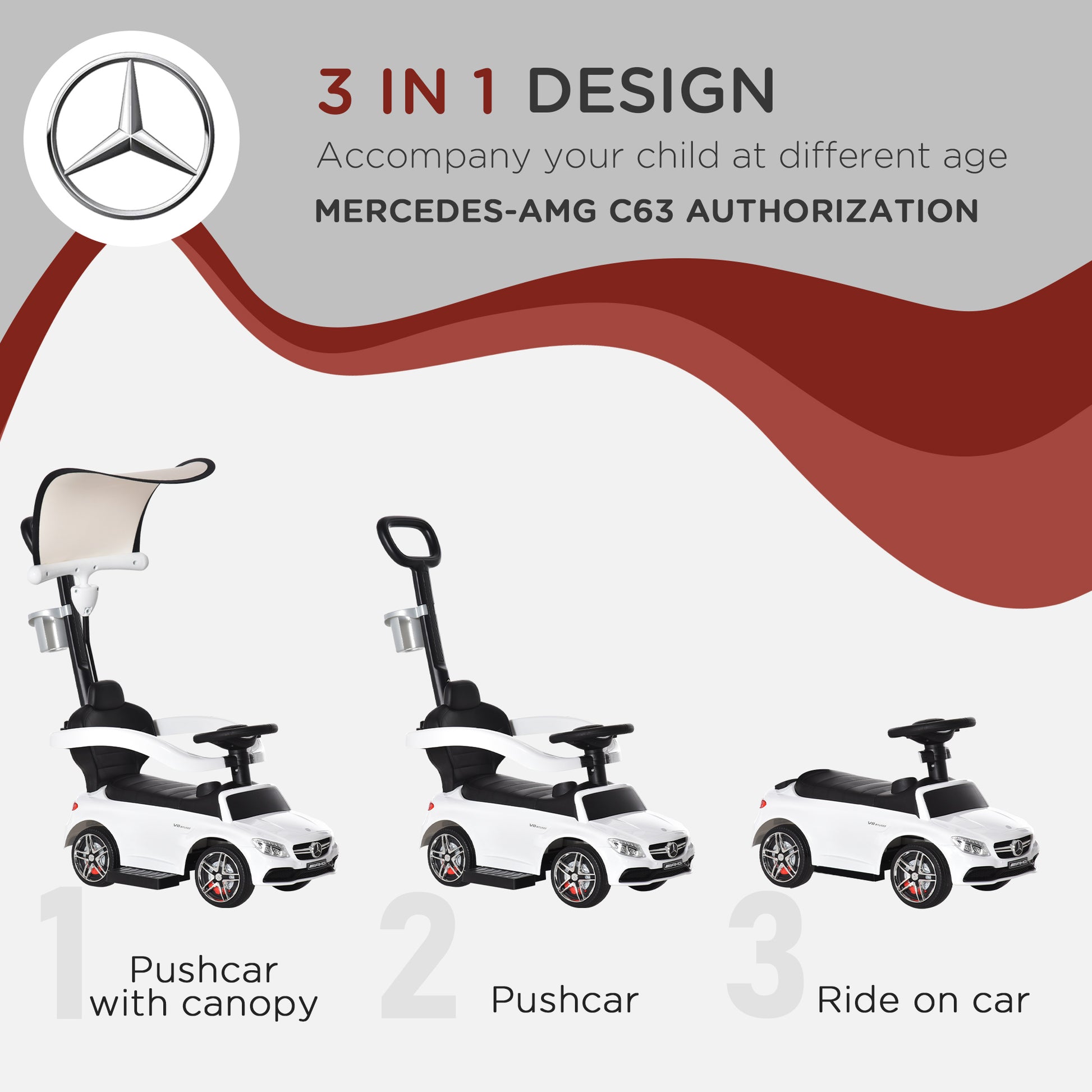 HOMCOM 3 in 1 Ride On Push Along Car Mercedes Benz for Toddlers Stroller Sliding Walking Car with Horn Sound Safety Bar for 1-3 Years