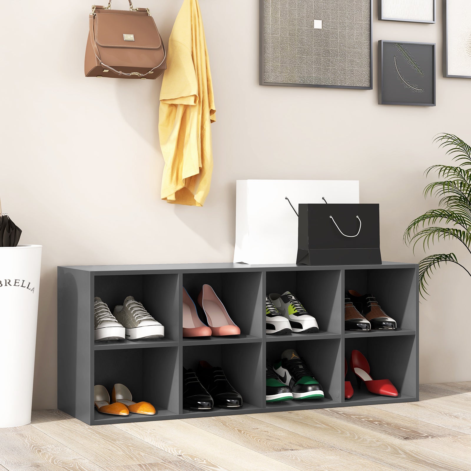 8 Grid Shoe Bench 2 in 1 Shoe Organizer with 8 Storage Cubbies-Grey ...
