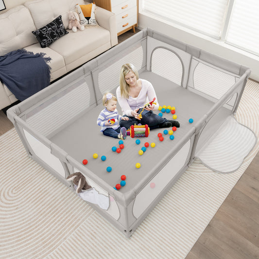 8-Panel Baby Playpen with Zipper Door and Storage Bag-Light Grey