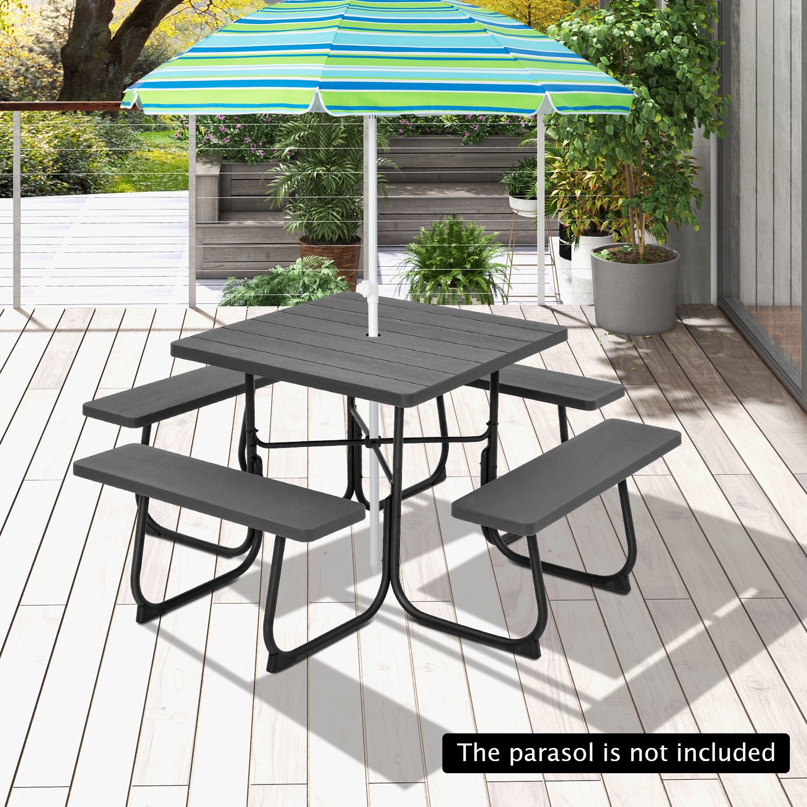 8-person Square Picnic Table Bench Set with 4 Benches and Umbrella Hole-Black