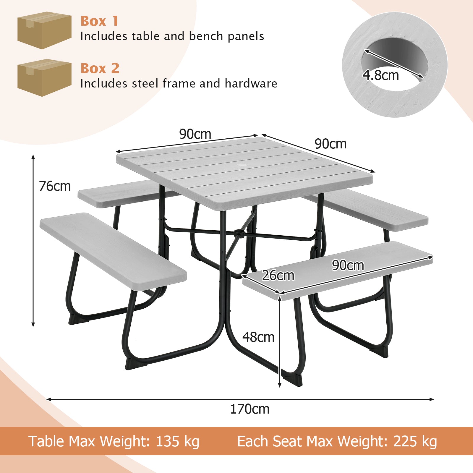 8-person Square Picnic Table Bench Set with 4 Benches and Umbrella Hole-Grey