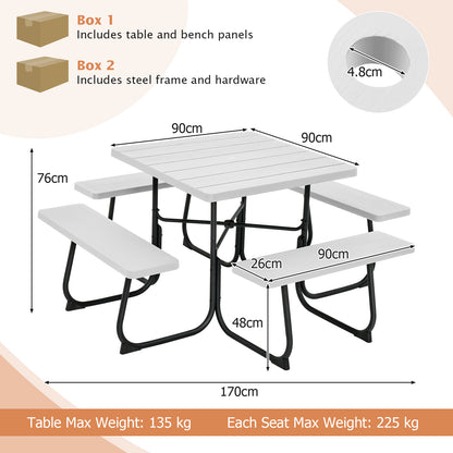 8-person Square Picnic Table Bench Set with 4 Benches and Umbrella Hole-White