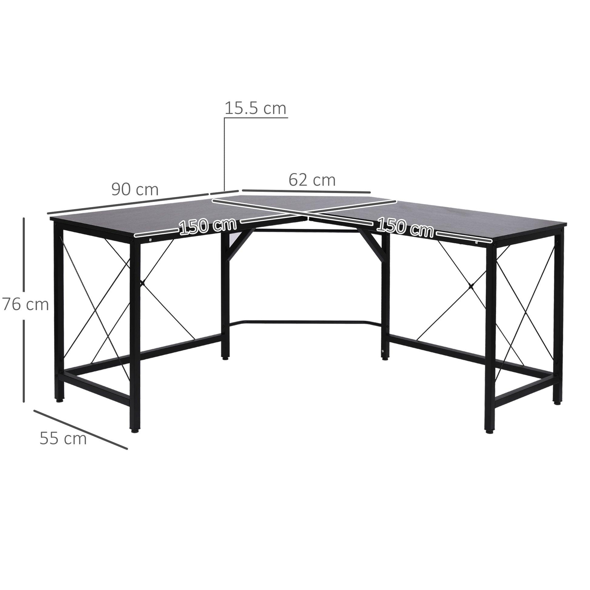 HOMCOM Corner Gaming Desk L-Shape Computer PC Workstation Home Office Three Worktop Writing Table 76x150cm Black