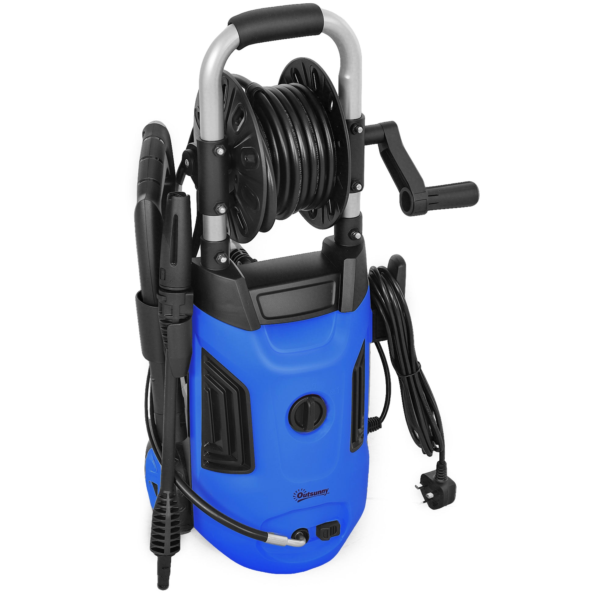 Outsunny 1800W High Pressure Washer, 150 Bar Pressure, 420 L/h Flow, Portable Power Washer Jet Wash Cleaner with Adjustable Nozzle, 6M Hose, Hose Reel, Steel Handle for Home Patio Car Driveway, Blue