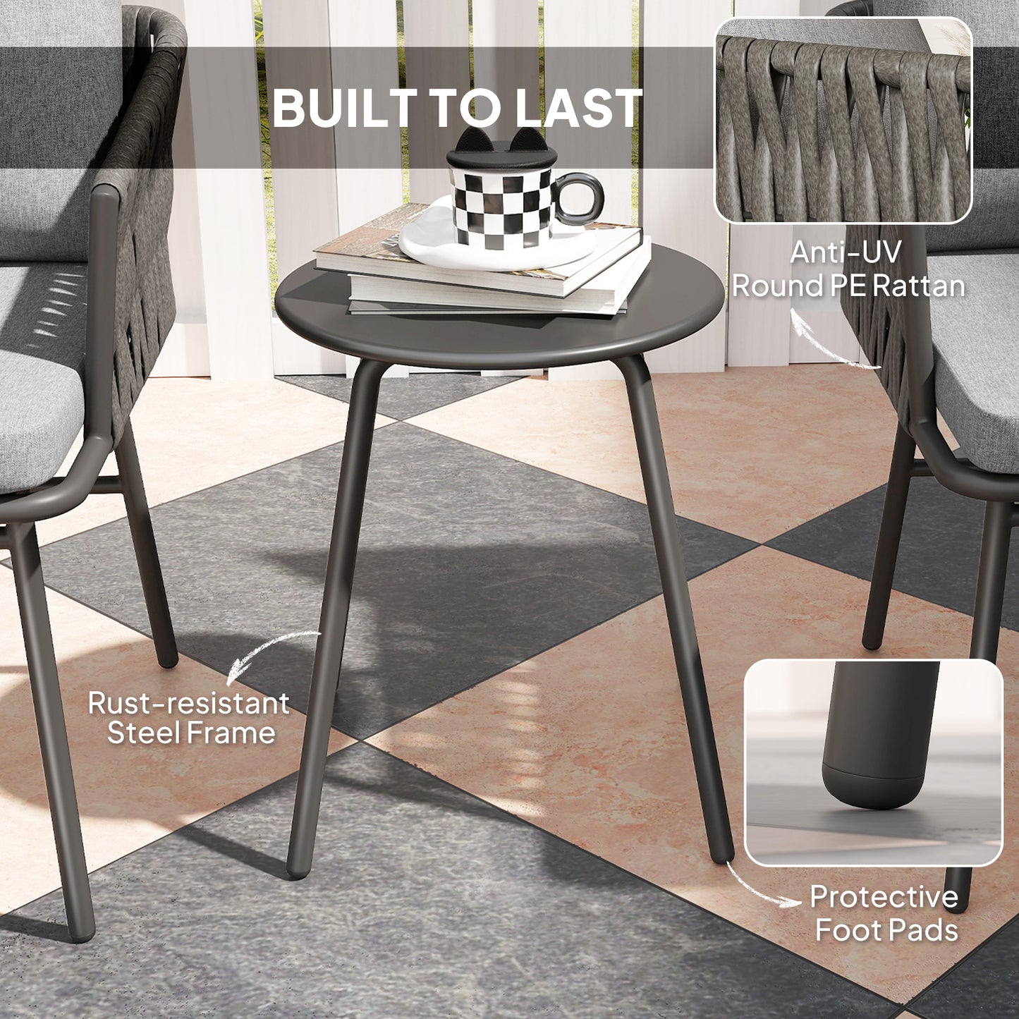 Outsunny 3-Piece Rattan Bistro Set, Garden Table and Chairs with 4 Cushions, Patio Rattan Conversation Furniture Set for Balcony, Porch, Terrace, Grey