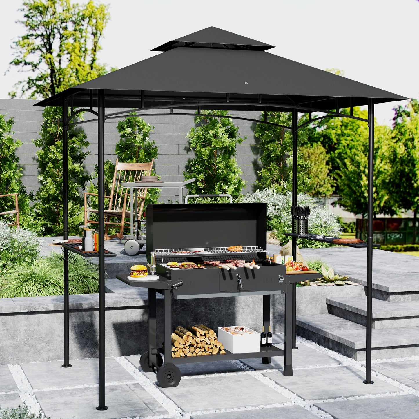Outsunny 8' x 5' Grill Gazebo, Double Tiered BBQ Gazebo Shelter Canopy with LED Lights, 2 Side Shelves, Hooks, Dark Grey
