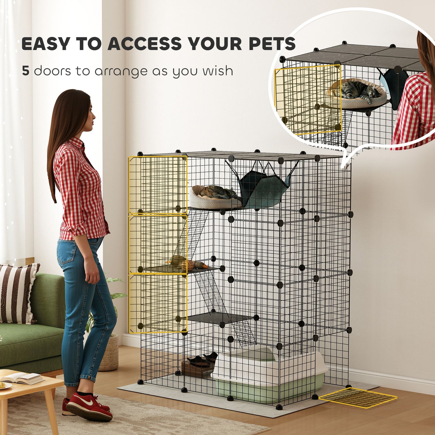 PawHut Four-Tier DIY Large Cat Cage with Hammock, Ramps, Five Doors, Indoor Use for 1-3 Cats, Black