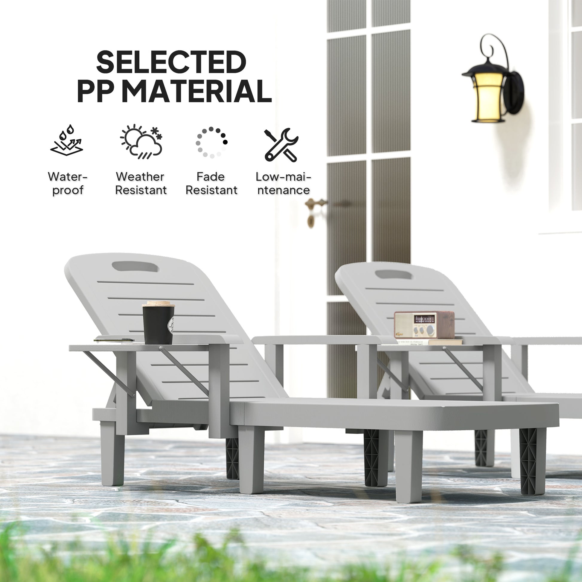 Outsunny Set of 2 Resin Reclining Sun Loungers for Garden, 5 Positions Adjustable Outdoor Chaise Lounge Chairs with Wood Texture Surface, Armrests, Foldable Side Table for Garden, Beach, Light Grey