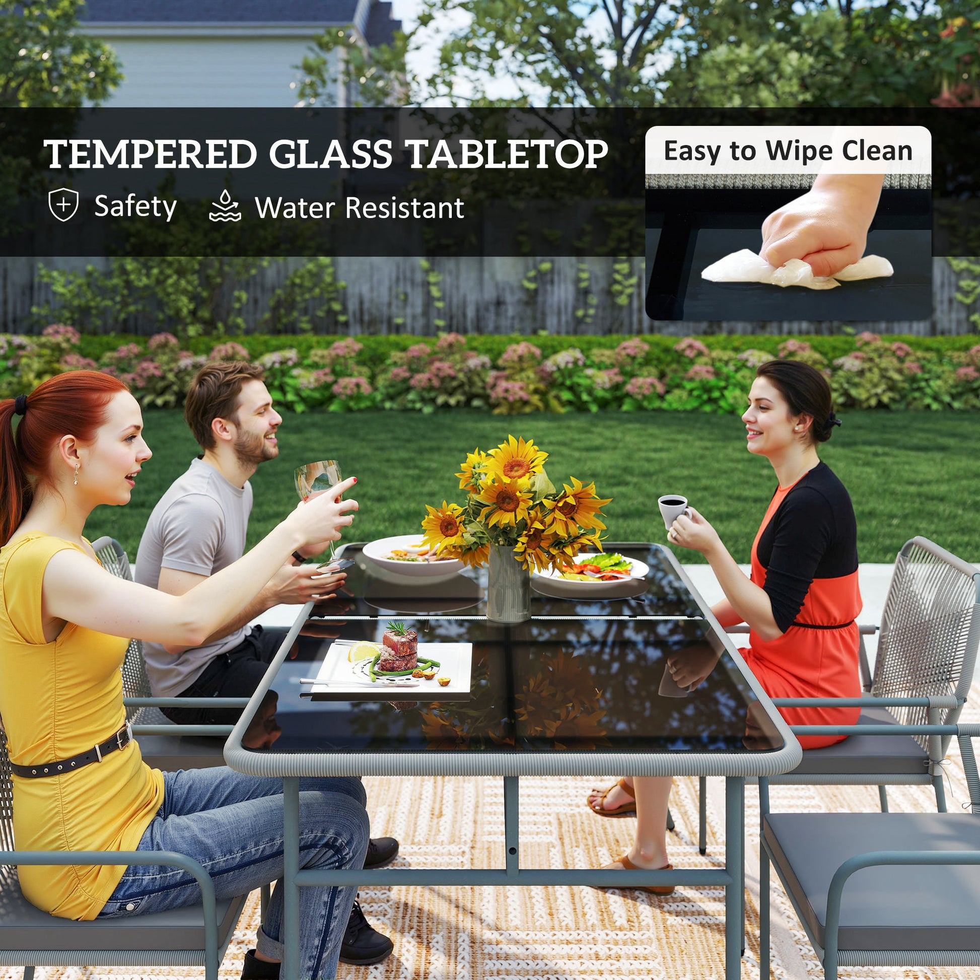 Outsunny Five-Piece PE Rattan Garden Dining Set with Cushions & Stackable Chairs - Light Grey