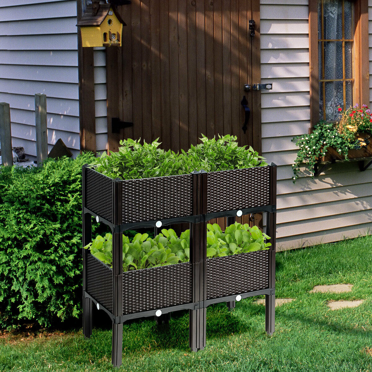 Set of 4 Raised Garden Bed with Self-Watering Disks for Planting-Brown