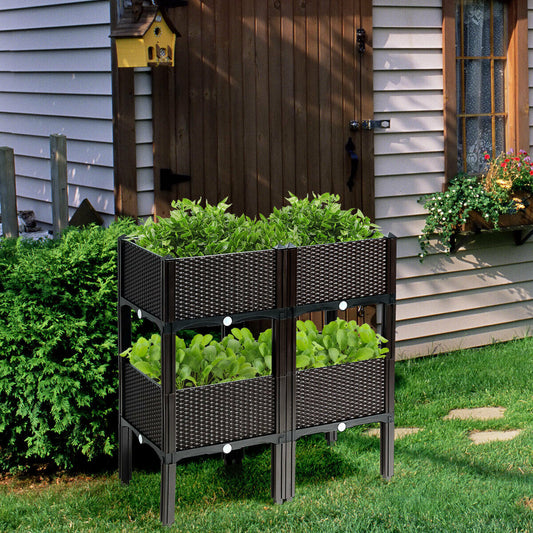Set of 4 Raised Garden Bed with Self-Watering Disks for Planting-Brown