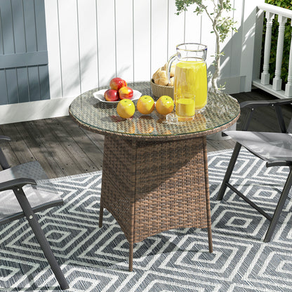 Outsunny Wicker Garden Rattan Table, Patio Furniture Outdoor Coffee Table with Umbrella Hole and Tempered Glass Top, Brown