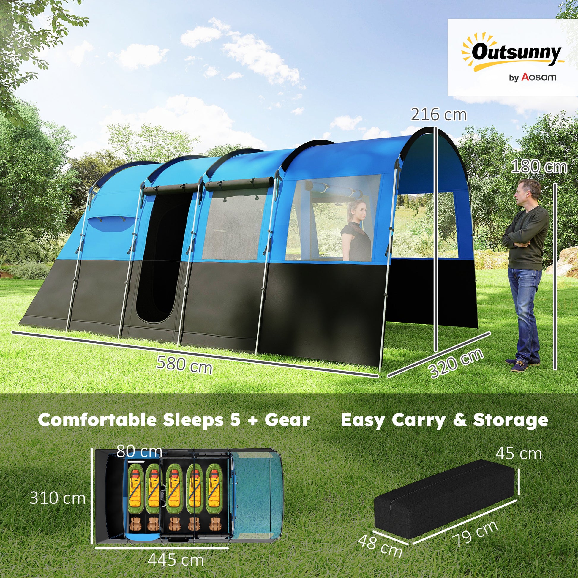 Outsunny 8-Person Camping Tent, Waterproof Family Tent, Tunnel Design, 4 Large Windows, Sleeping Cabins 3000mm Water Column Blue