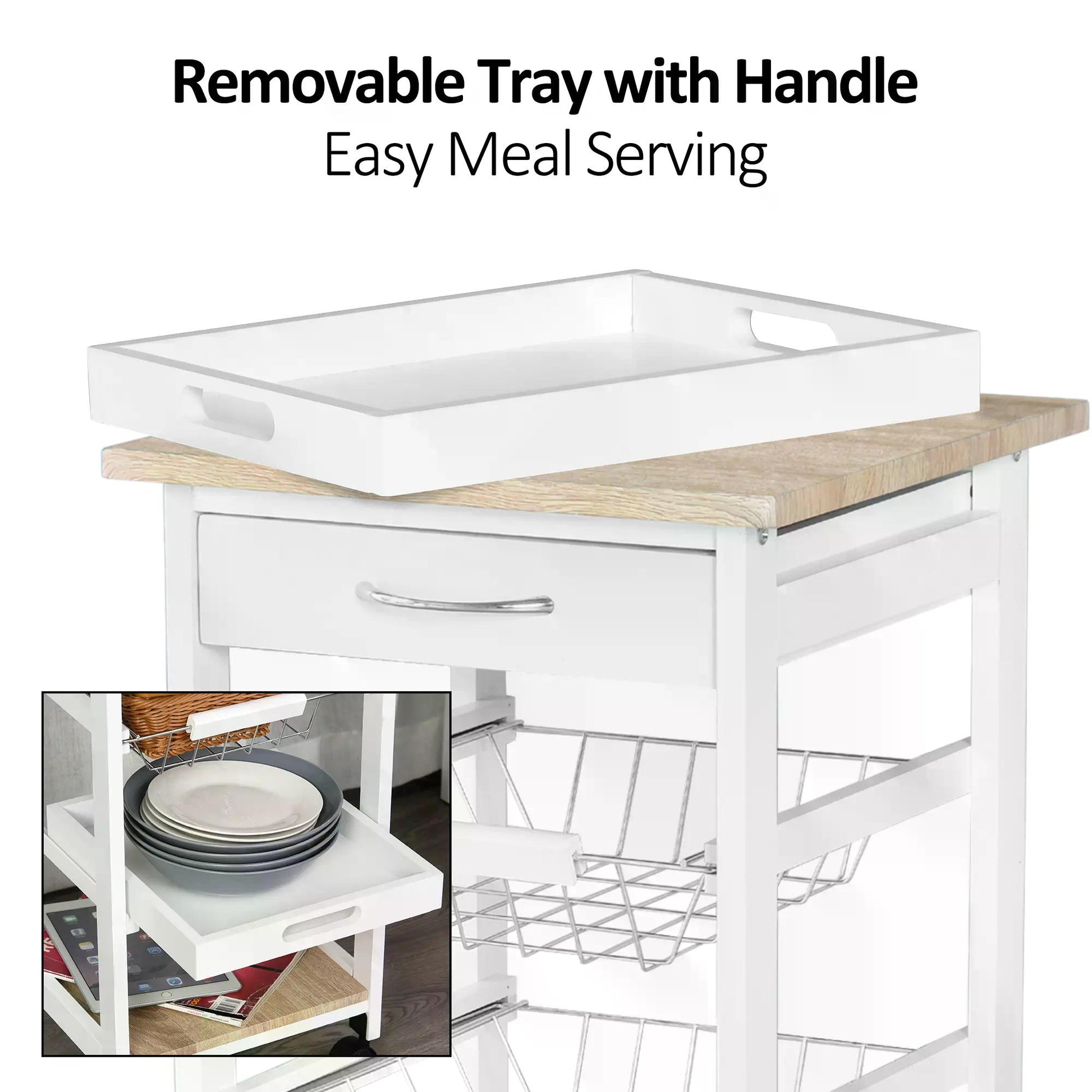 HOMCOM Mobile Rolling Kitchen Island Trolley for Living room, Serving Cart with Drawer & Basket, White