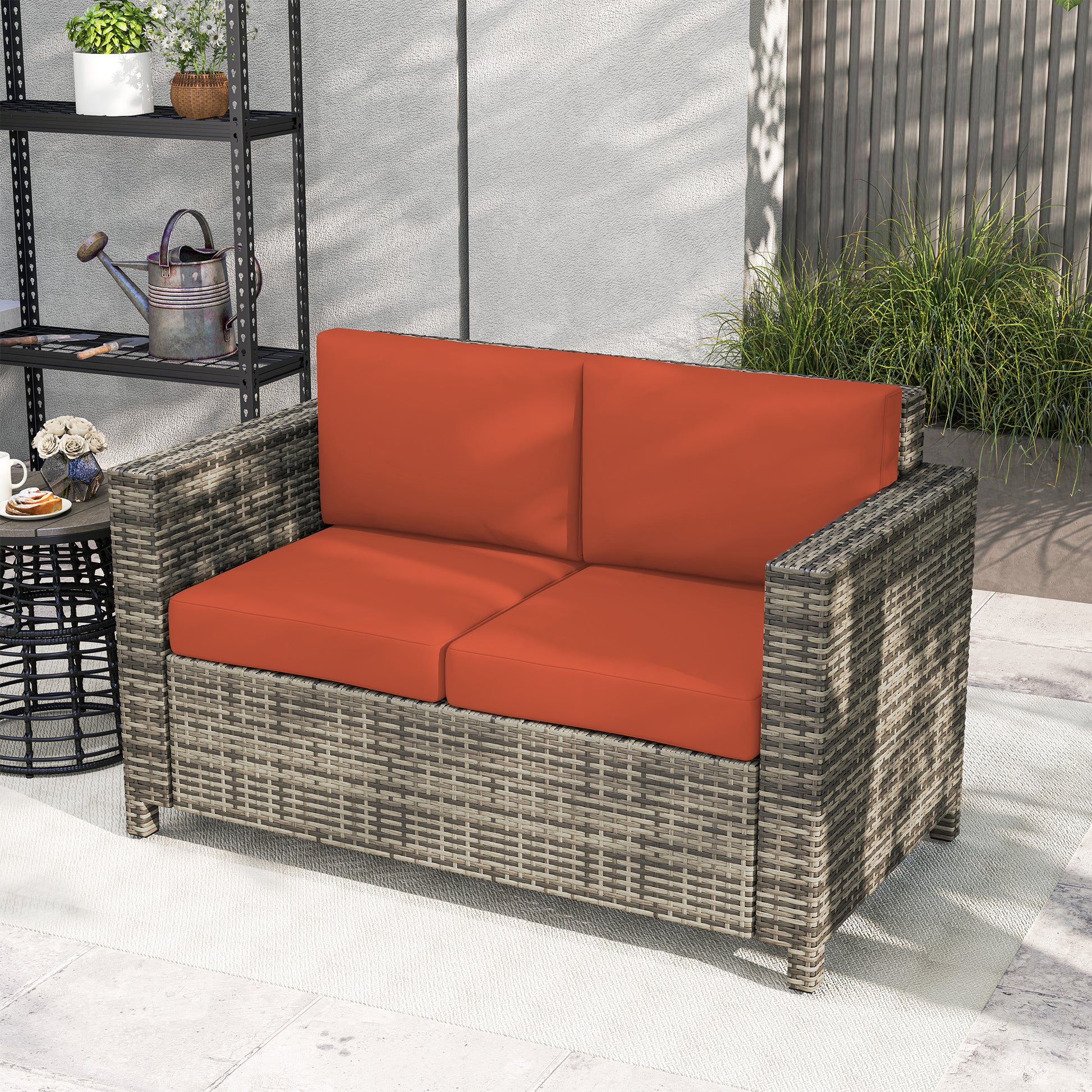 Outsunny Rattan Sofa, 2 Seater Garden Furniture with Soft Padded Cushion and Armrests, Wicker Garden Loveseat for Patio, Grey