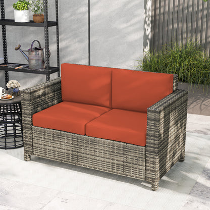 Outsunny Rattan Sofa, 2 Seater Garden Furniture with Soft Padded Cushion and Armrests, Wicker Garden Loveseat for Patio, Grey
