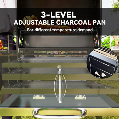 Outsunny Charcoal BBQ Grill with Height Adjustable Charcoal Pan, Portable Barbecue Smoker with Warming Rack, 3 Shelves, Temperature Gauge, Wheels, Bottle Opener for Outdoor Cooking Garden Party