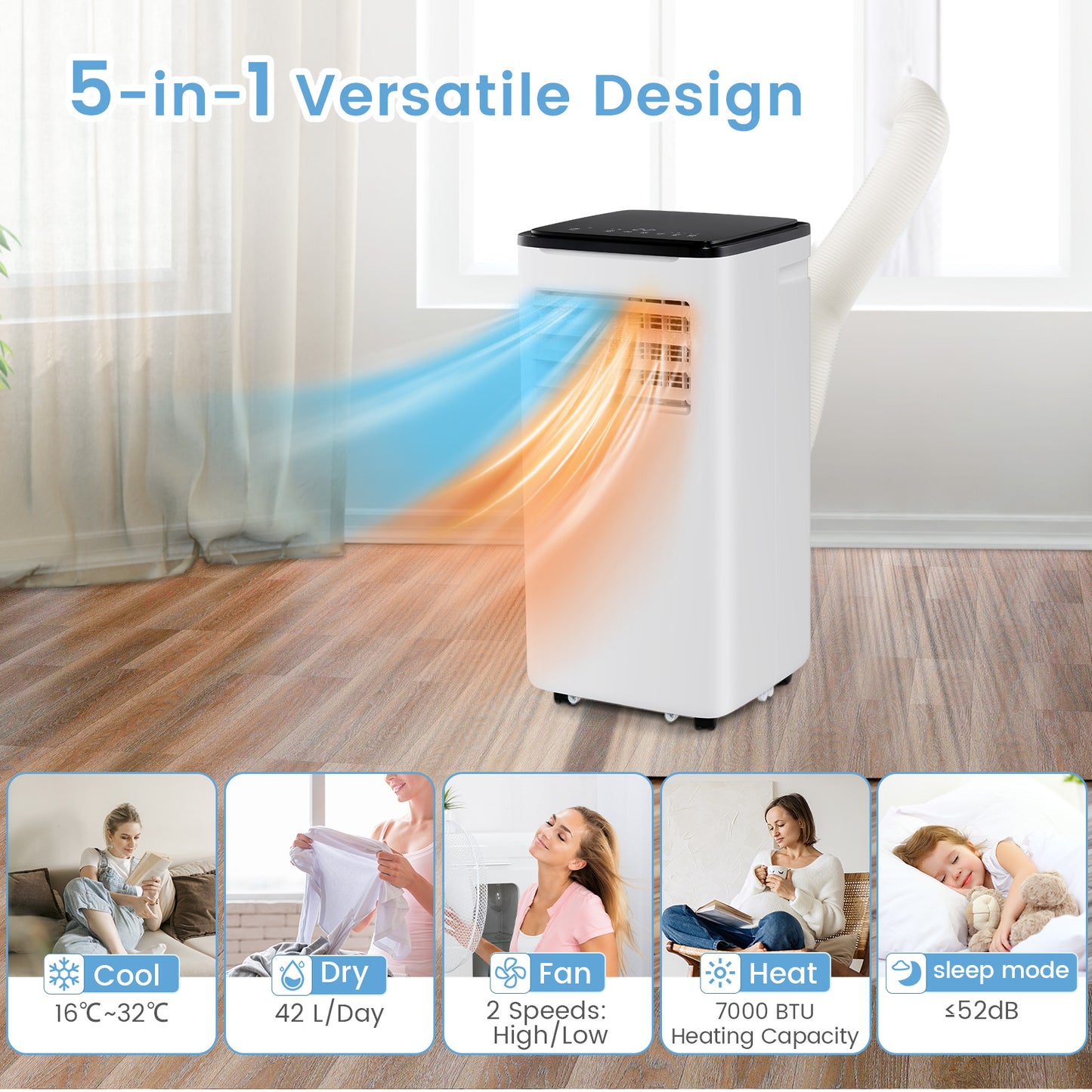 9000 BTU 4-in-1 Portable Air Conditioner with App Control and Sleep Mode-White