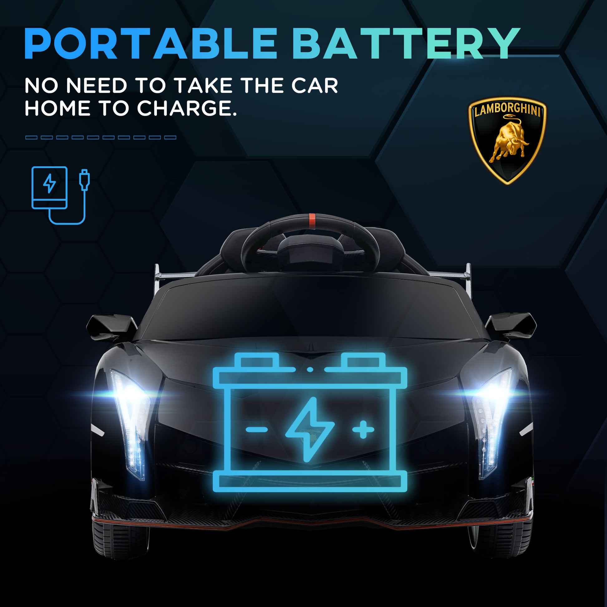 HOMCOM Lamborghini Veneno Licensed 12V Kids Electric Ride on Car w/ Portable Battery, Powered Electric Car w/ Bluetooth, Remote, for Aged 3-6, Black