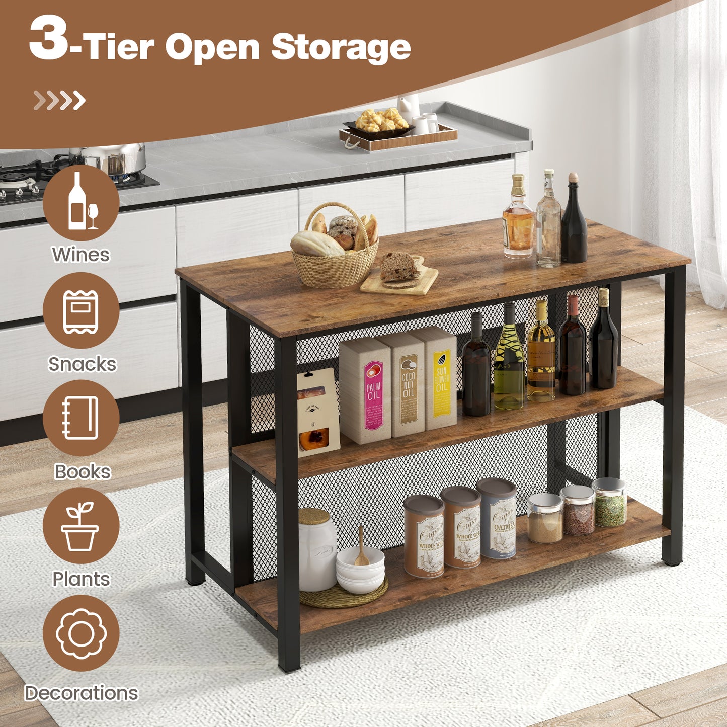 93cm Tall Bar Table with Storage with Open Shelves-Rustic Brown