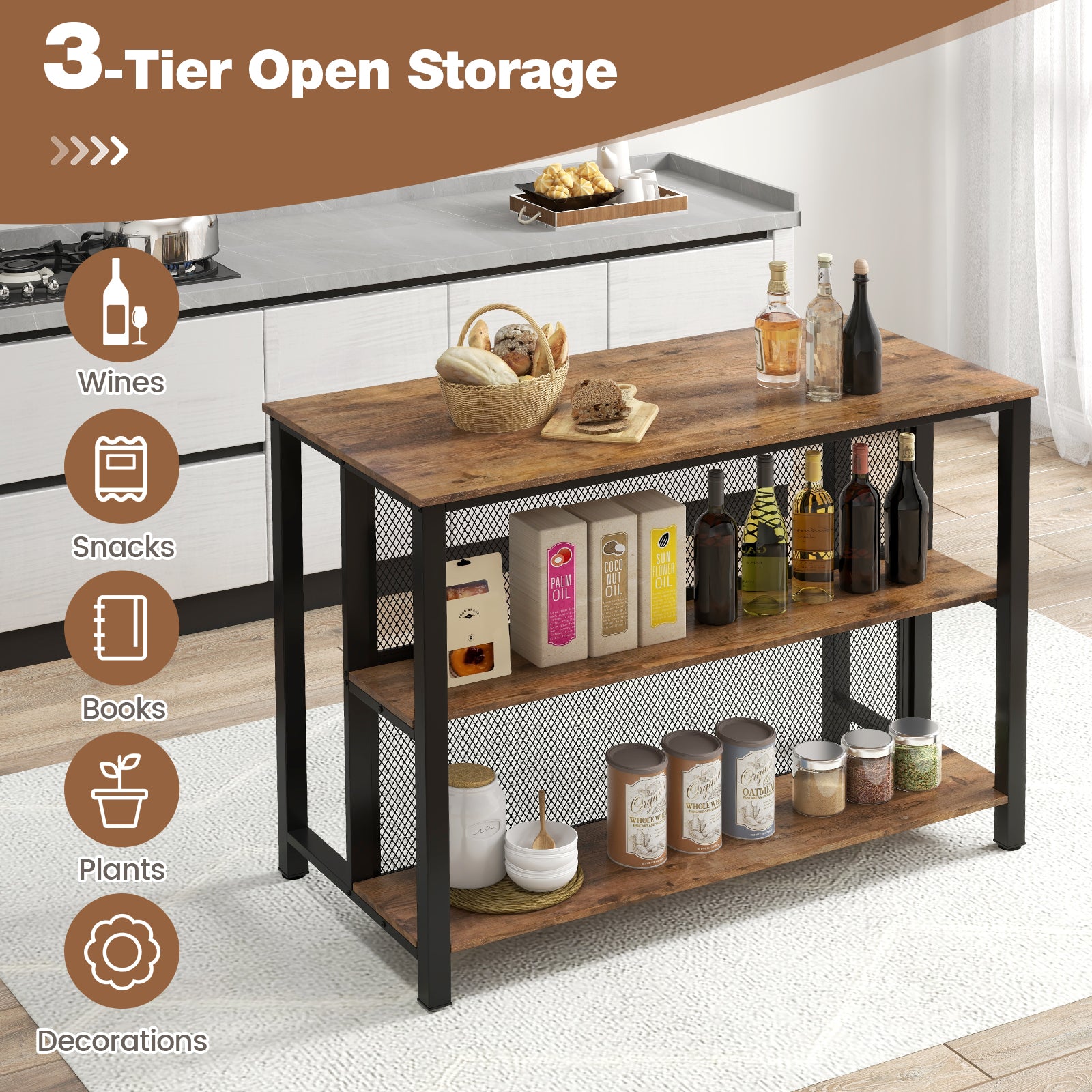 93cm Tall Bar Table with Storage with Open Shelves-Rustic Brown