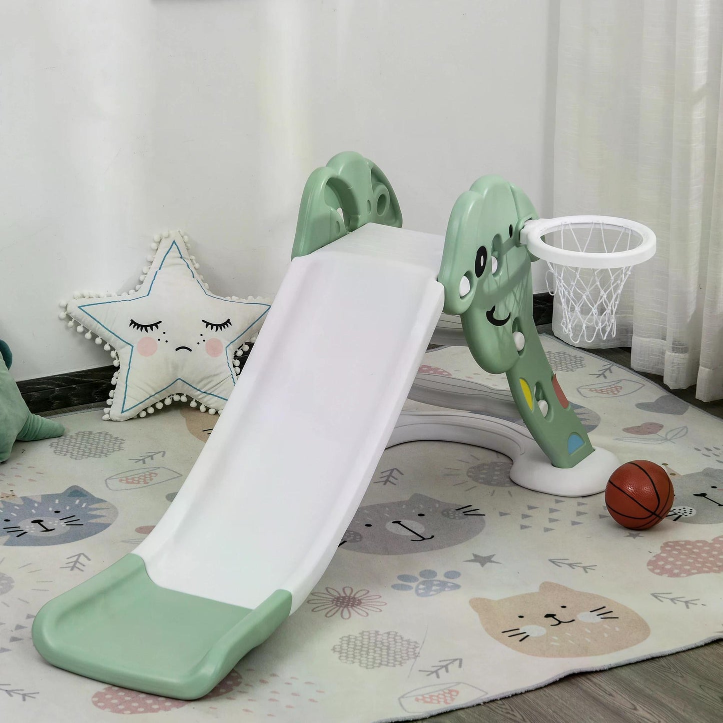 HOMCOM Kids Slide with Basketball Hoop Toddler Climber Freestanding Slider Playset Playground Slipping Slide for 2-6 Years Old Green
