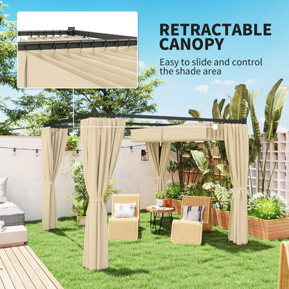 Outsunny 3 x 3m Retractable Roof Pergola, with Curtains - Khaki