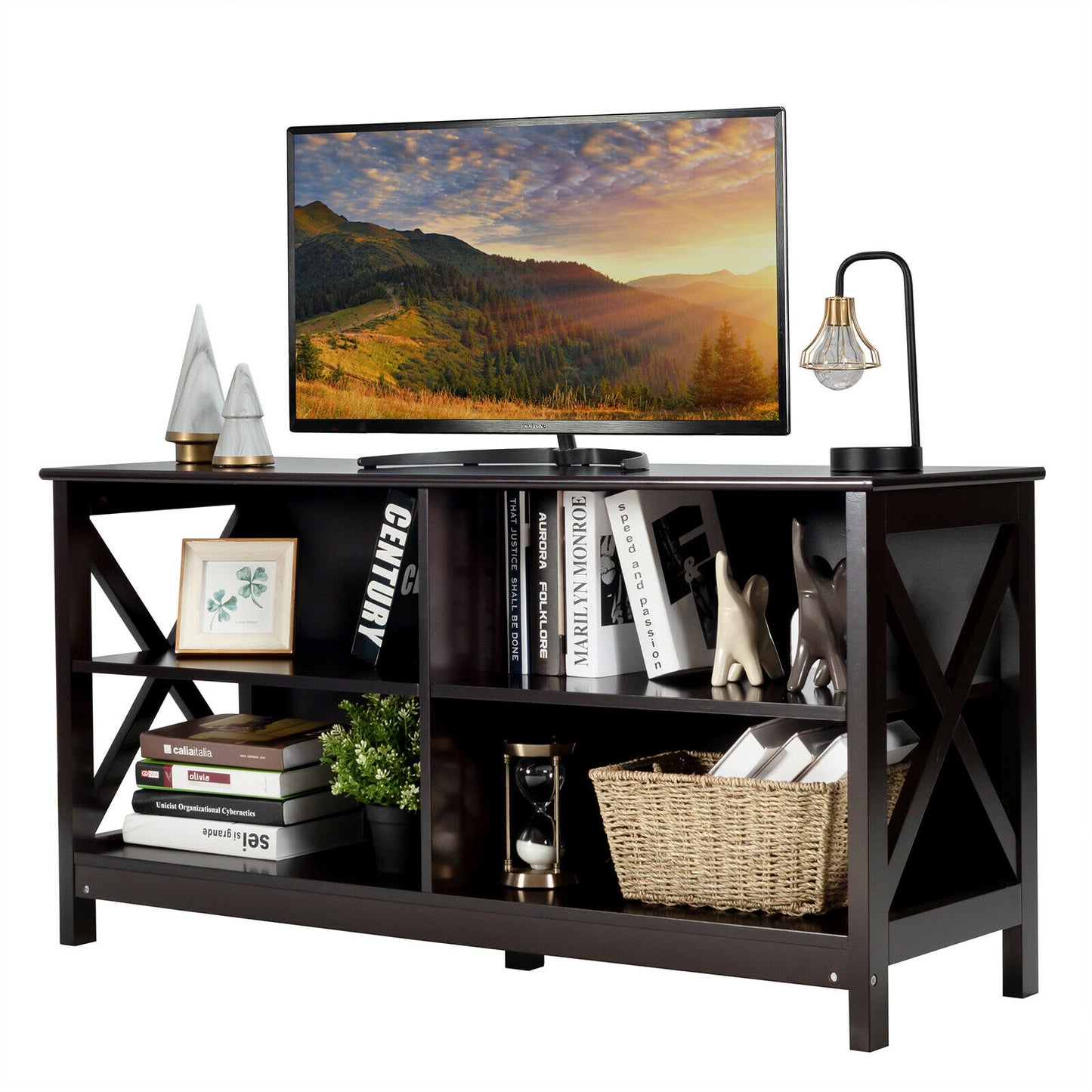 Wooden TV Stand Table with 3-Tier Shelf-Deep Brown
