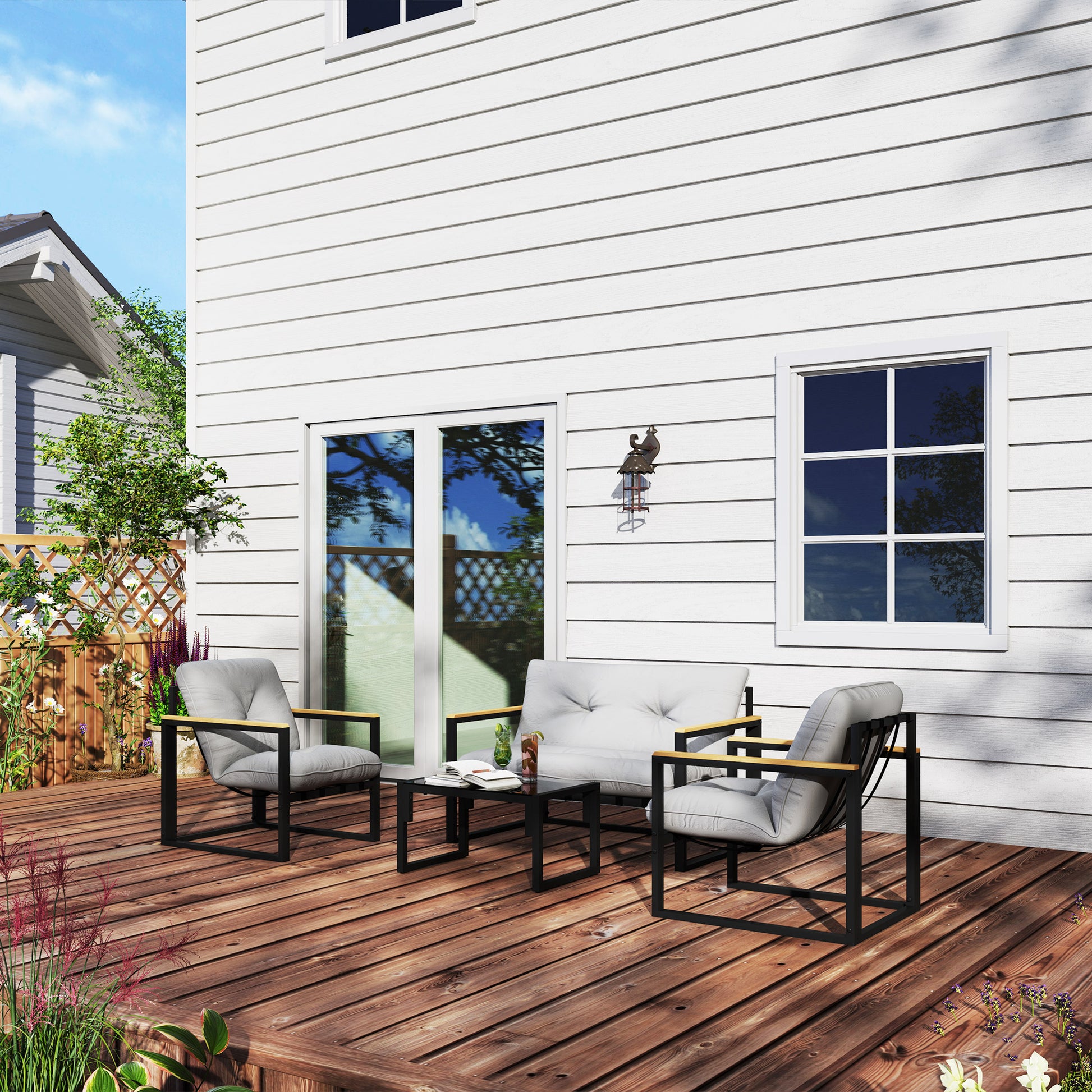 Outsunny Garden Furniture Set, 4 Piece Indoor Outdoor Conservatory with Loveseat Sofa, Armchairs, Glass Top Coffee Table, Cushions for Balcony, Poolside, Patio, Light Grey