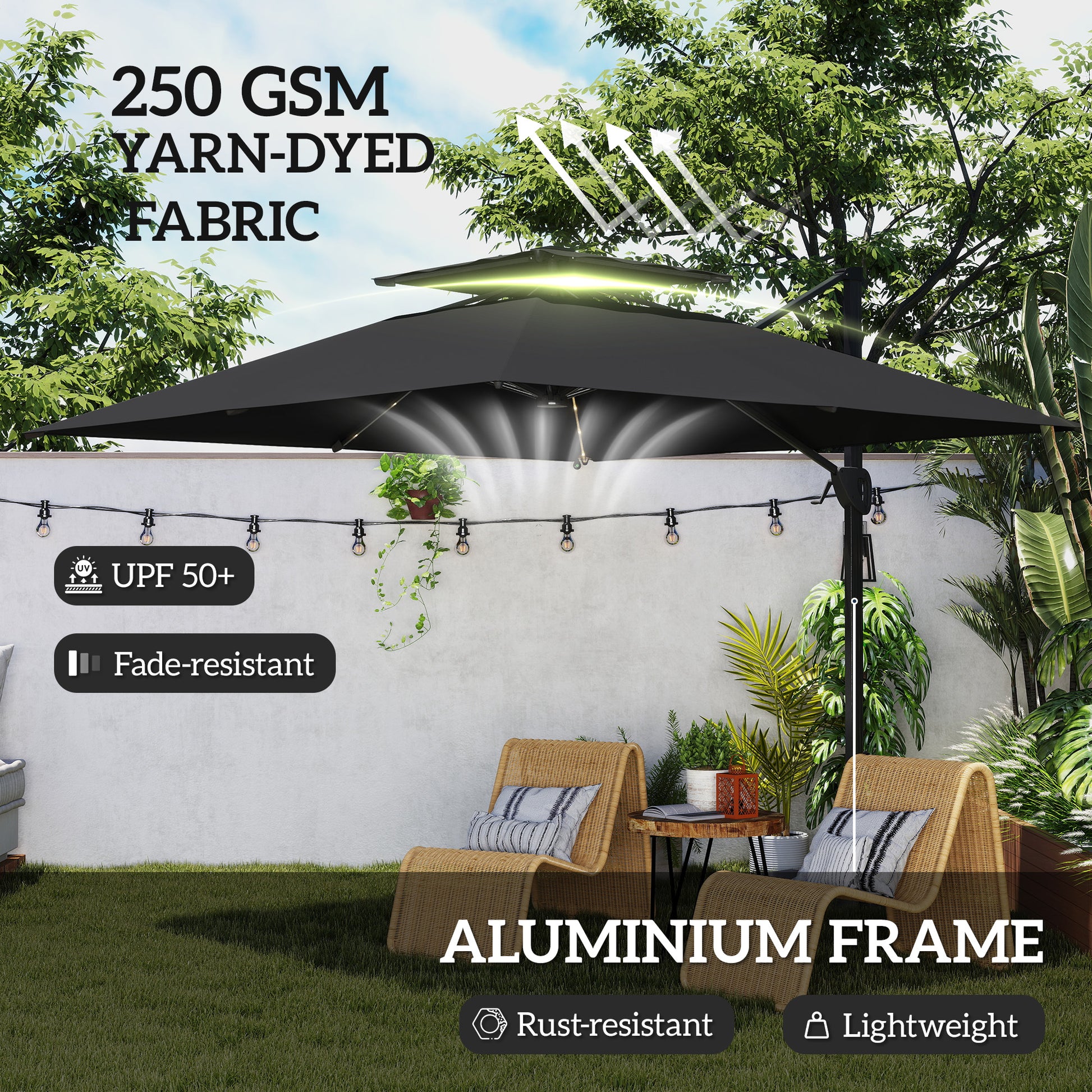 Outsunny 3.5x3 m Garden Cantilever Parasol with Solar LED Lights and Centre Light, UPF50+ Aluminium Patio Umbrella with 360° Rotation and Tilt, Hanging Sun Shade with Cross Base, Crank Handle, Black