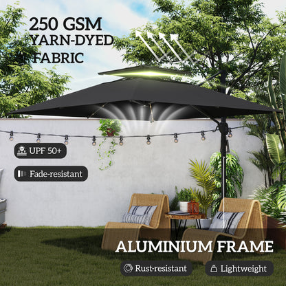 Outsunny 3.5x3 m Garden Cantilever Parasol with Solar LED Lights and Centre Light, UPF50+ Aluminium Patio Umbrella with 360° Rotation and Tilt, Hanging Sun Shade with Cross Base, Crank Handle, Black