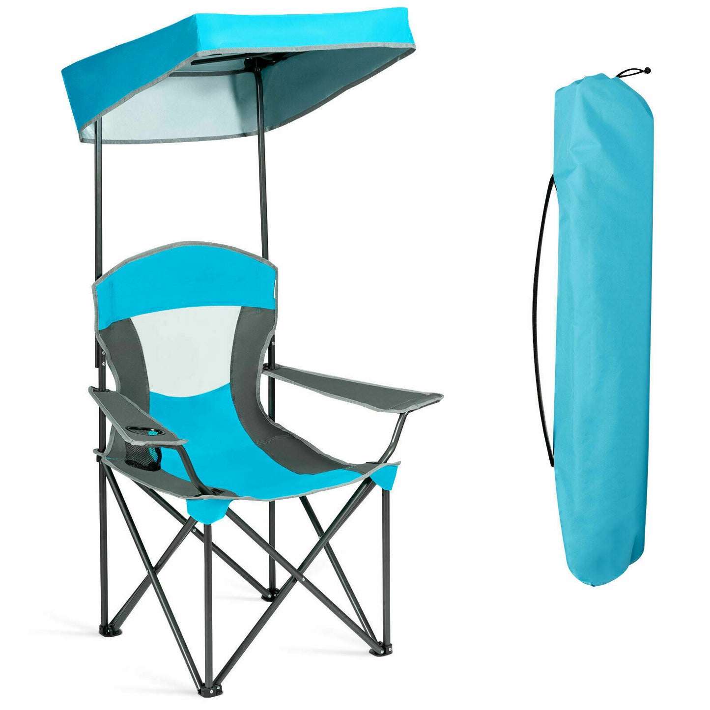 Folding Camping Chair with Canopy & Cup Holder-Blue