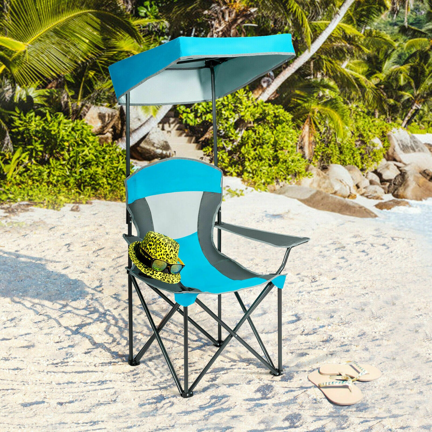 Folding Camping Chair with Canopy & Cup Holder-Blue