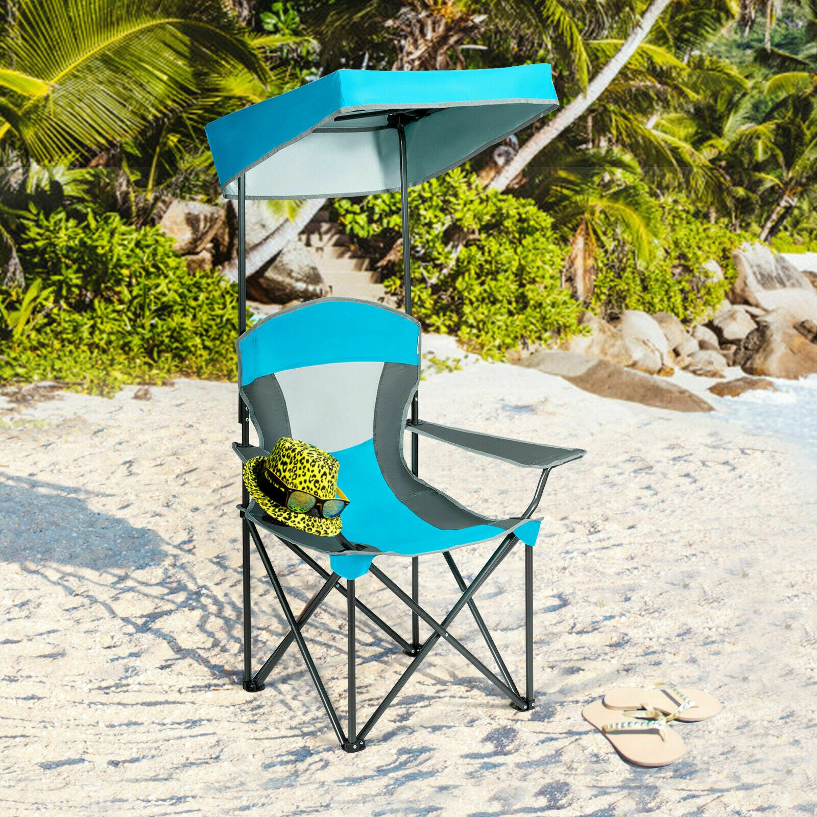 Folding Camping Chair with Canopy & Cup Holder-Blue