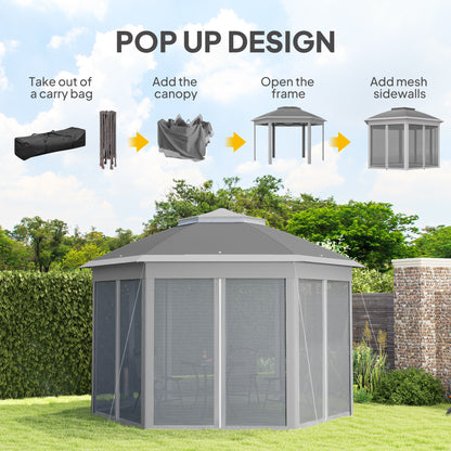 Outsunny 3 x 4m Garden Gazebo Hexagon Pop Up Gazebo Party Tent Canopy Double Roof Instant Shelter with Netting and Carry Bag for Outdoor Patio, Dark Grey